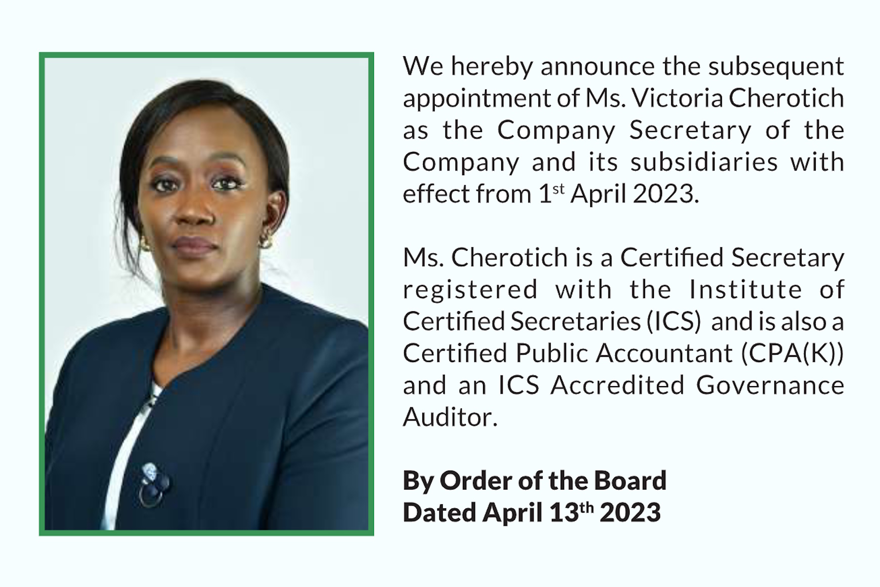 Sasini PLC Announcement on changes of the Company Secretary